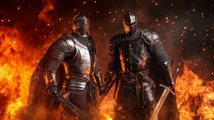 Fototapeta premium Heroic knights standing against dark warrior amidst flames, showcasing bravery and strength in fiery battle scene. atmosphere is intense and dramatic