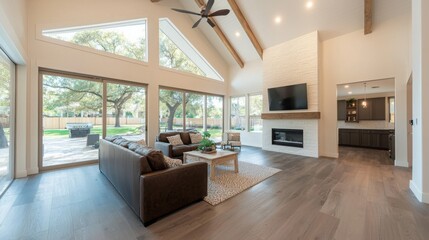 Fototapeta premium A modern, spacious living room with large windows, high ceilings, and stylish furniture, seamlessly blending indoor comfort with outdoor views.