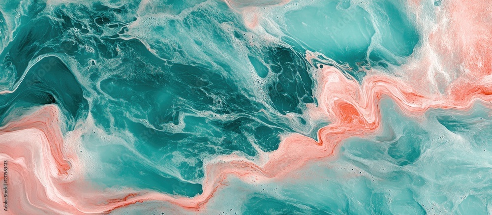 Poster aerial view of textured turquoise and pink waves in water highlighting a captivating blend of colors