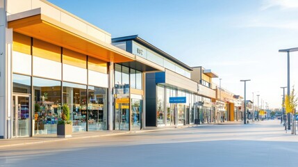 A modern shopping plaza with glass storefronts and bright lighting on a clear day, showcasing a vibrant retail environment.