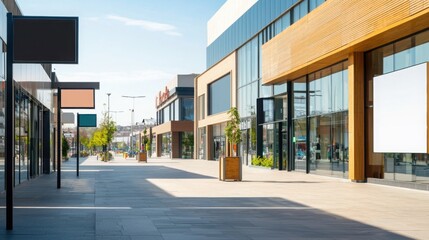 A modern shopping area featuring sleek storefronts, wide pavements, and clear blue skies, creating a vibrant commercial atmosphere.