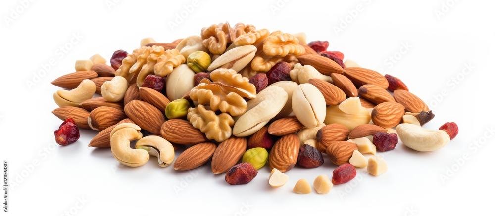 Poster mixed assortment of nuts in various colors and shapes scattered on a white background with almonds, 