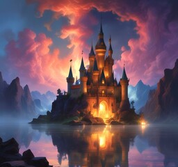 Naklejka premium Illustration of glowing mystery tower castle in night.