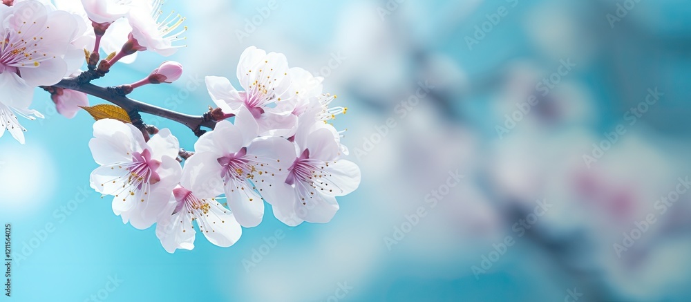 Poster delicate almond blossoms on a branch in soft focus against a pastel blue background with ample copy 