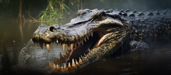 Obraz premium Majestic alligator in murky water showcasing sharp teeth and textured scales amidst lush green vegetation in a natural wetland habitat.