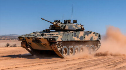 Fototapeta premium Armored vehicle desert maneuver, dust cloud