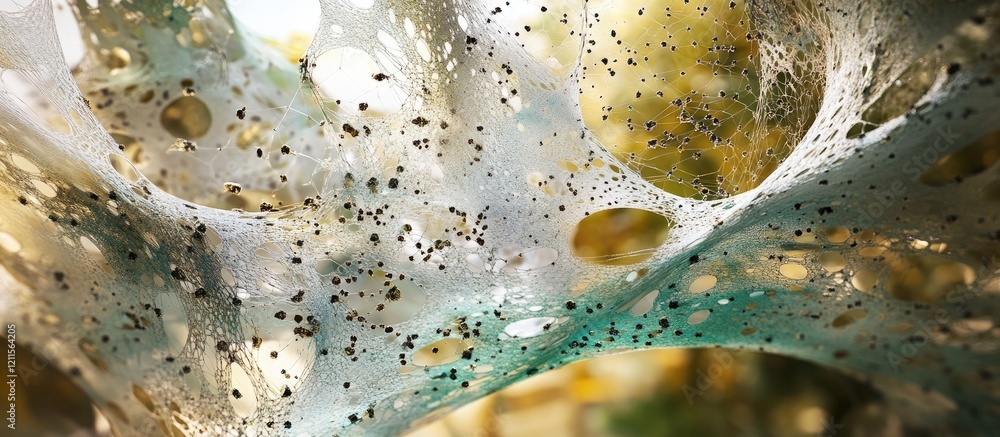 Poster intricate abstract structure with small elements in shades of gold, green, and white creates a capti