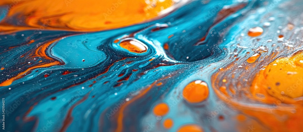 Poster vibrant abstract artwork featuring dynamic fluid patterns of orange and blue hues flowing together w