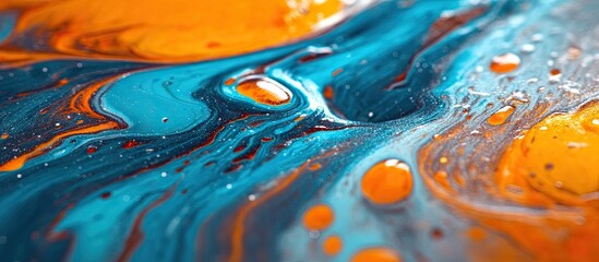 Vibrant abstract artwork featuring dynamic fluid patterns of orange and blue hues flowing together with intricate details and texture on a smooth surface