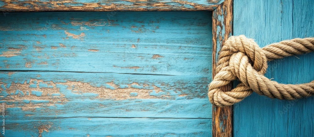Poster antique square wooden frame with a rope knot positioned at the bottom right against pale turquoise r
