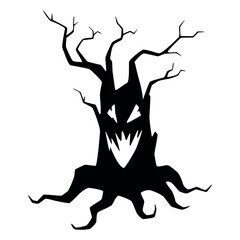 Spooky silhouette of a twisted tree with sharp features isolated on a white background, evoking an eerie atmosphere