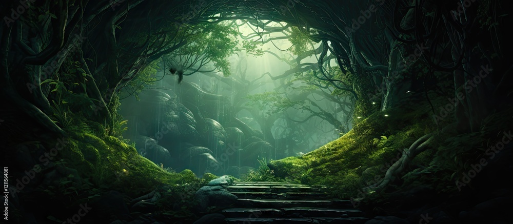 Poster enchanted forest archway with lush green foliage and misty atmosphere creating a dark yet mystical b