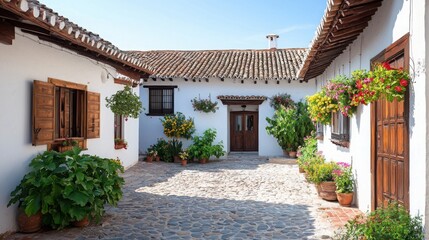 A charming courtyard featuring whitewashed walls, wooden doors, and vibrant plants, set against a clear blue sky.