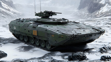 Armored vehicle, snowy mountains, combat, military, 3D render