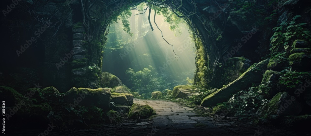 Poster misty dark enchanted forest archway surrounded by lush greenery and illuminated by soft light rays c