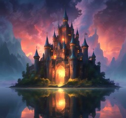 Illustration of glowing mystery tower castle in night.
