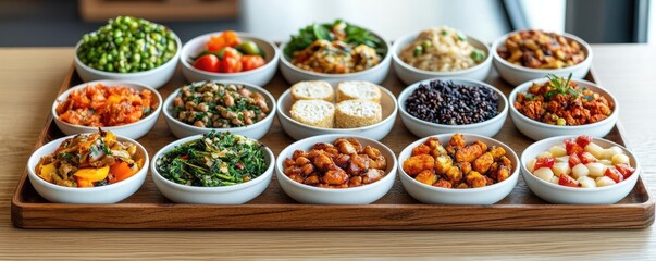 Fototapeta premium Plant based food idea. A vibrant spread of various healthy dishes in white bowls on a wooden platter.