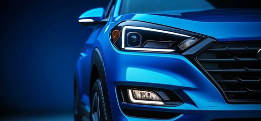 Close-up of a blue SUV's front end, showcasing headlights and grill.