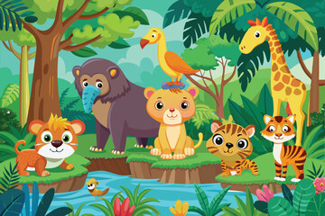 Naklejka premium A group of jungle animals such as monkeys, lions, and giraffes plays by a stream in a vibrant, tropical setting, Jungle cartoon animals