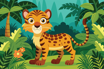 A playful cartoon tiger stands among vibrant jungle plants, surrounded by colorful flowers in a sunny atmosphere, Jungle cartoon wild animal