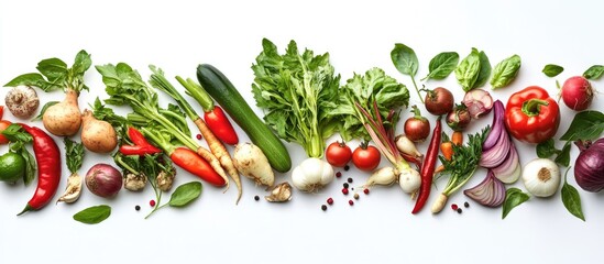 Vibrant array of assorted fresh vegetables including red peppers green chilies zucchini and herbs on a neat white background highlighting Thai cuisine