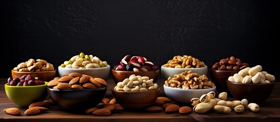 Variety of nuts displayed in wooden and ceramic bowls on a dark background featuring almonds, cashews, hazelnuts, pistachios, and pecans.