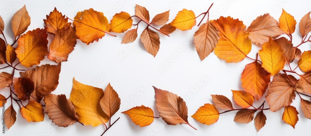 Poster autumn composition with dried orange and brown leaves arranged in a frame on a clean white backgroun
