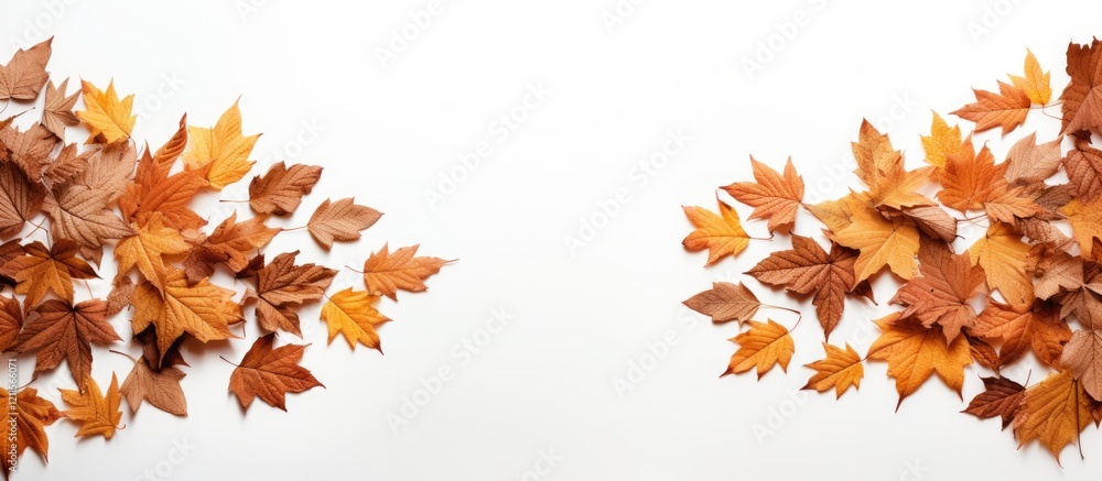 Poster autumn leaves frame in orange and yellow hues positioned symmetrically on white background with ampl