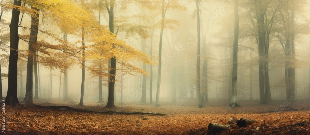 Aufkleber golden autumn beech leaves in the foreground against a soft blurred forest background with misty tre
