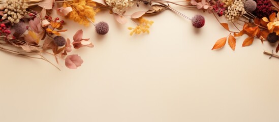 Autumn wreath of eucalyptus leaves and dried flowers in shades of orange and beige arranged on a soft beige background with copy space in center