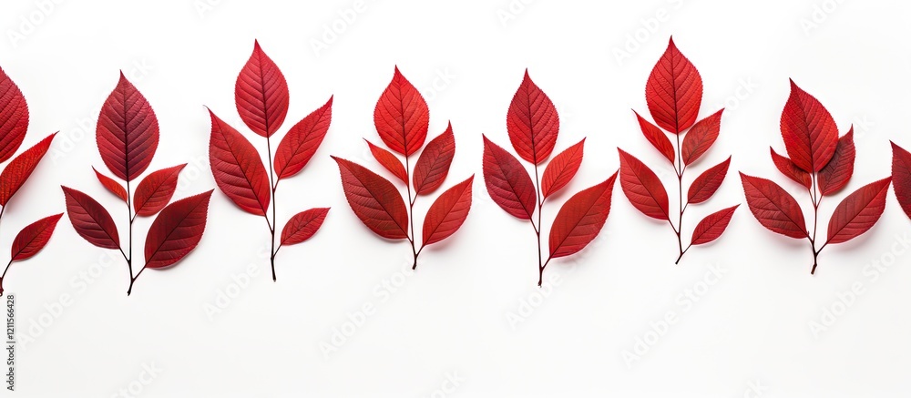 Poster red autumn leaves arranged in a horizontal line on a white background creating a minimalistic fall c