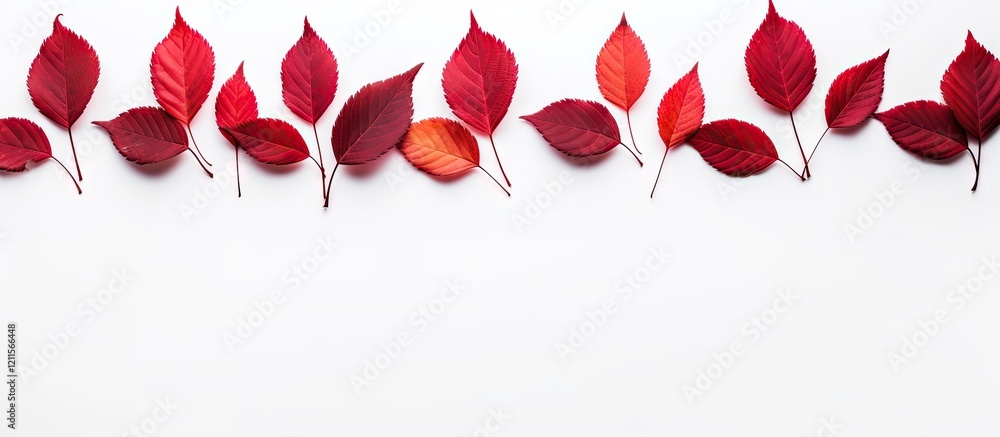 Poster minimalistic autumn frame design featuring a horizontal arrangement of vibrant red and dark red leav