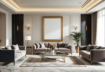 Fototapeta premium Contemporary Living Room Poster frame Mockup | ISO A Paper Size | Elegant Wall Art Display