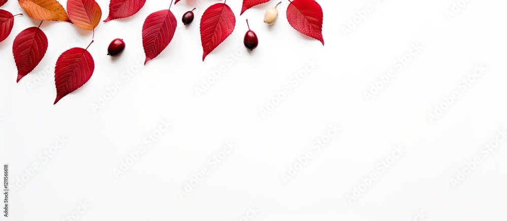 Aufkleber autumn flat lay design featuring vibrant red leaves and berries arranged on a white background with 