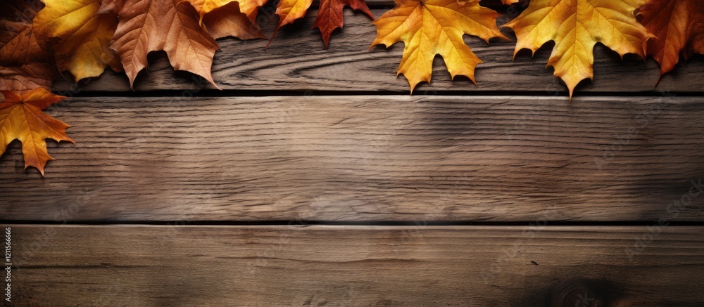 Poster autumn leaves in yellow and orange arranged on a rustic wooden table from above with copy space for 