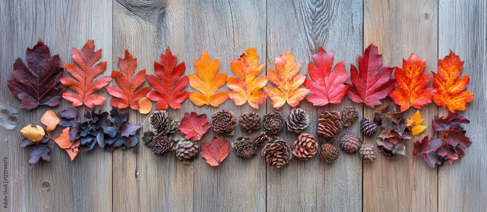 Aufkleber vibrant autumn leaves in warm hues of red and orange arranged in a continuous line atop a rustic woo