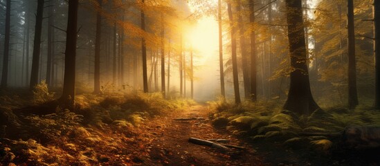Golden sunlight streaming through tall, vibrant trees in a serene autumn forest pathway surrounded by colorful leaves and soft mist.