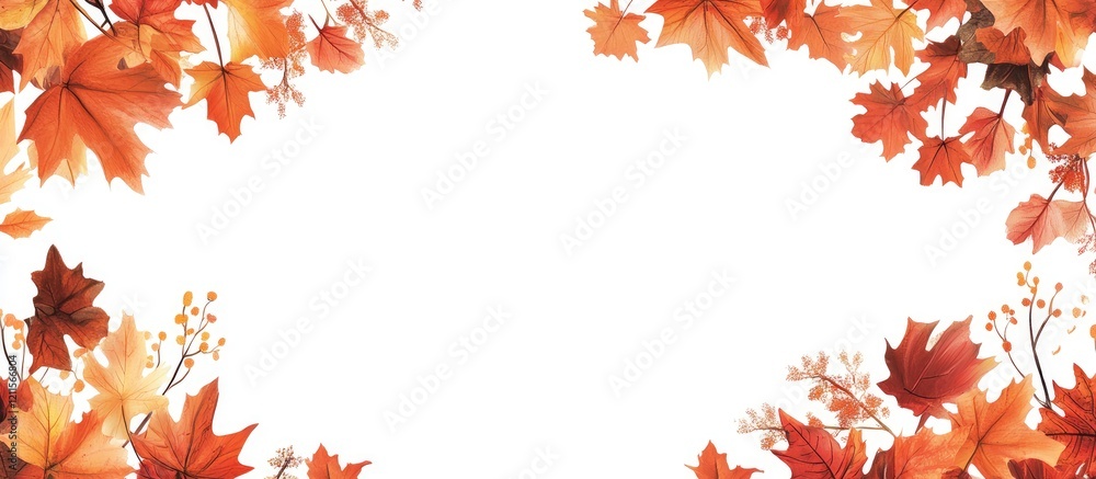 Poster autumn leaves frame in vibrant orange and yellow on a white background, creating an inviting and war
