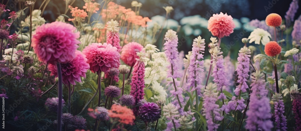 Poster colorful garden flowers in soft focus with vibrant pinks purples and oranges positioned in the foreg