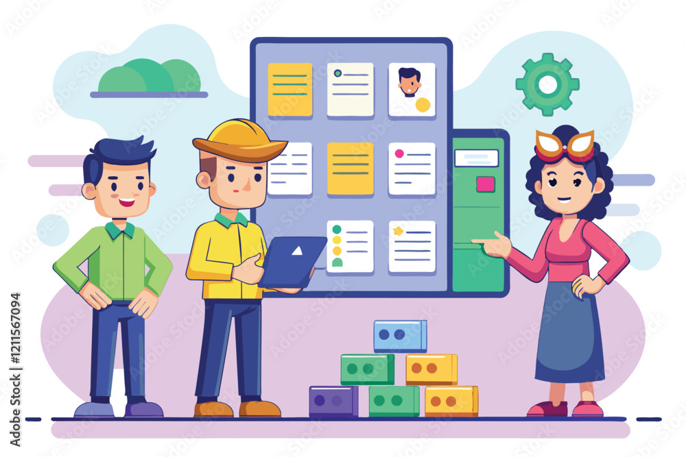 Poster a team uses the kanban method in a modern workspace with a digital board and colorful task blocks, k
