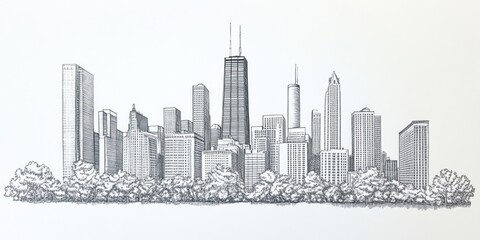 Fototapeta premium A Pen Sketch Depicting Chicagos Skyline And Trees