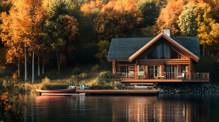 Fototapeta premium Dreamy Autumn Lake House: Scenic Log Cabin in Vibrant Fall Foliage