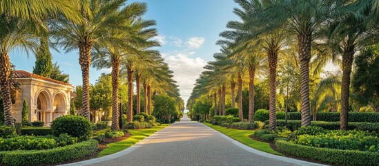 Obraz premium Serene palm tree lined avenue framed with lush greenery under a clear blue sky showcasing vibrant green shrubs and distant soft clouds