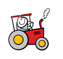 Funny stickman rides on a red tractor. Vector illustration of a tractor driver working on a farm. The farmer controls the machinery, plows the field. Isolated caricature on white background.