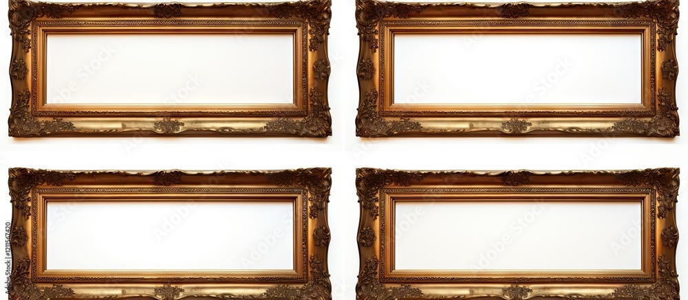 Poster elegant ornate golden picture frames arranged in a square layout showcasing blank white spaces perfe