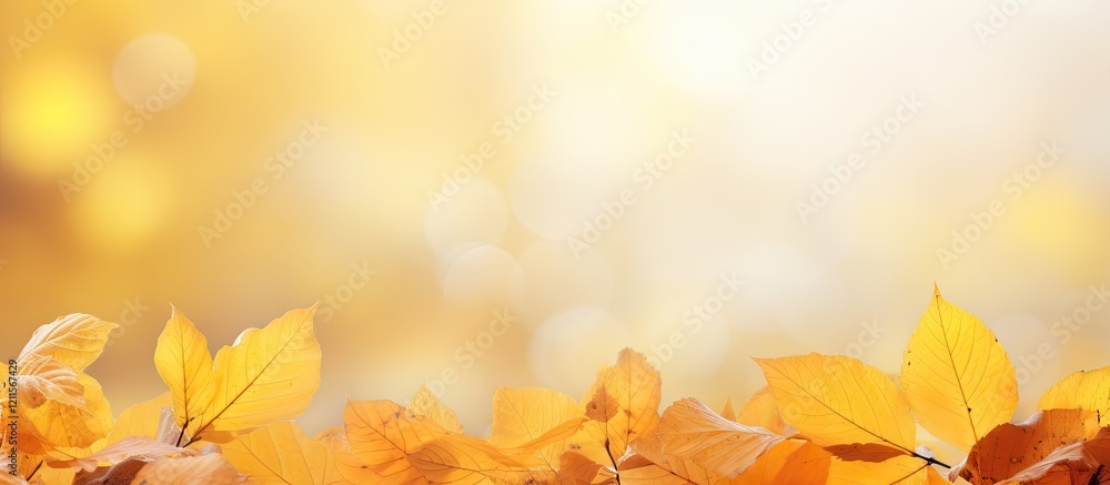 Poster autumn background featuring a gradient of warm yellow leaves in the foreground with a soft blurred l