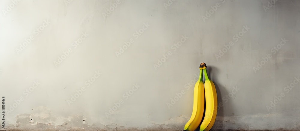 Poster yellow bananas leaning against a textured gray wall with soft lighting accentuating their vibrant co