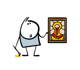 Religious artist with  beard and a brush painted a masterpiece. Vector illustration of man holding an icon. Restorer found  ancient artifact object in the church. Isolated cartoon caricature.