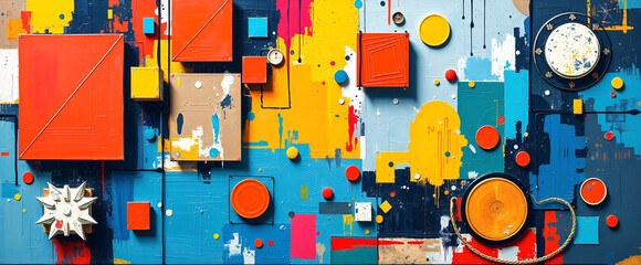 Obraz premium Painting with geometric shapes made with acrylic paint as abstract background