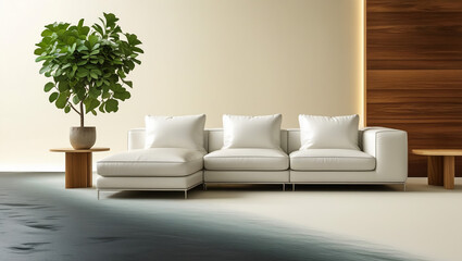 White minimalist living room interior with sofa on a wooden floor, decor on a large wall, white landscape in window. Home nordic interior. 3D